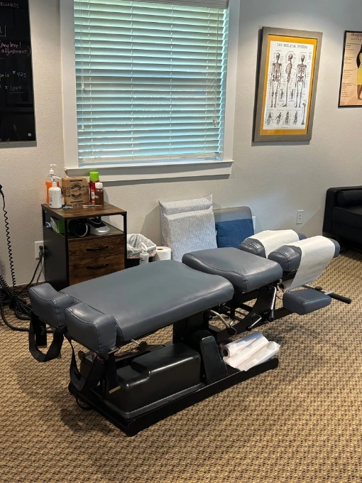 Treatment table in Dr. Fawn Ray’s clinic, providing chiropractic care in Colleyville, TX